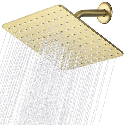Solid Metal Rain Shower Head, Square High Flow Rainfall Shower Head with Shower Arm and Flange, Reinforced Explosion-Proof Stainless Steel Construction (10-Inch, Brushed Gold) - color: Brushed Gold, size: 10 Inch