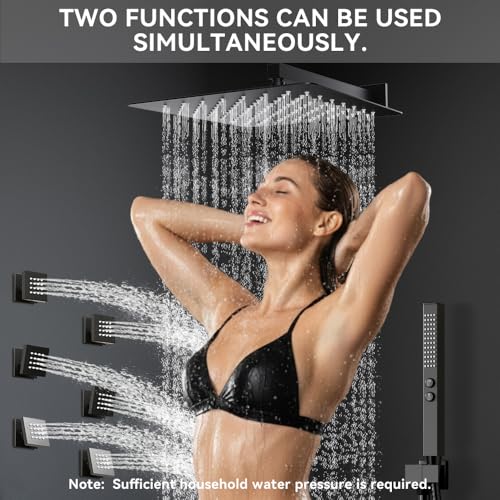 Matte Black Shower System with Body Jets, STARBATH 12 Inch Rainfall Shower and Handheld Spray, Wall Mounted Full Body Shower System Rough-in Mixer Pressure Balance Valve Shower Faucet Set Complete - color: Matte Black, size: 12"-03