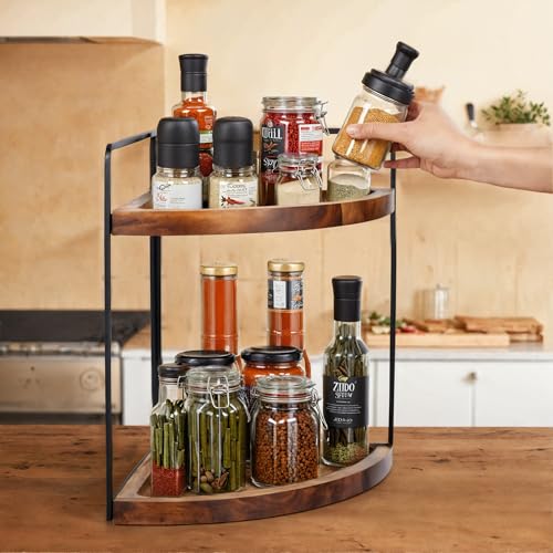 Demigo 2-Tier Corner Bathroom Organizer, Acacia Wood Countertop Shelf | 13.2 x 9.9 in Wooden Corner Shelf for Vanity, Kitchen Counter, Cosmetic & Bathroom Storage, Counter Makeup Organizer