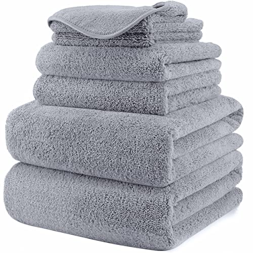POLYTE 410 GSM Poly Blend Microfiber Quick Dry Bath Towel Set of 6 Pieces | 2-Body Towels, 2-Hand Towels, 2-Wash cloths, Oversize, Lint Free - color: Gray