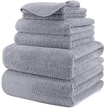 POLYTE 410 GSM Poly Blend Microfiber Quick Dry Bath Towel Set of 6 Pieces | 2-Body Towels, 2-Hand Towels, 2-Wash cloths, Oversize, Lint Free - color: Gray