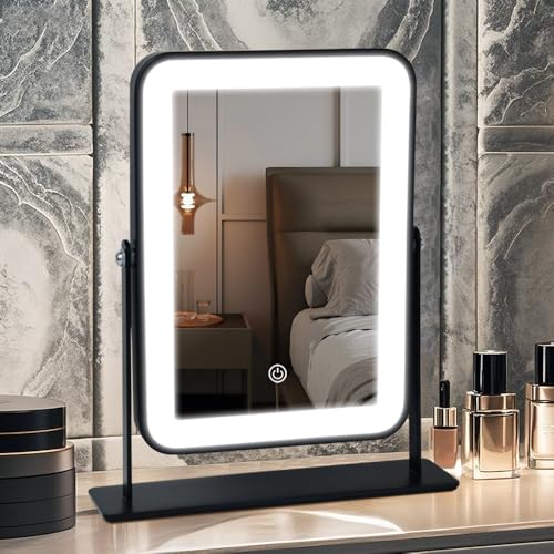 YEKKOPT Portable Desk Vanity Mirror with Lights,Black Rechargeable Small Makeup Mirror with Lights,Mini Dorm Mirror,Touch Screen with 3-Color Lighting,Dimmable,for Tabletop,Bedroom,Bathroom - color: Black, size: 11"L x 9"W