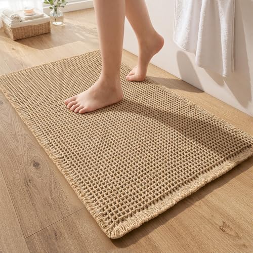 MIULEE Waffle Bathroom Rugs Boho Large Bath Mat 24"x36" Brown | Super Absorbent, Non Slip, Upgraded Soft, Quick Dry, Washable Bath Rug with Tassels for Hallway Laundry Room Bedroom - color: Brown, size: 24''x36''