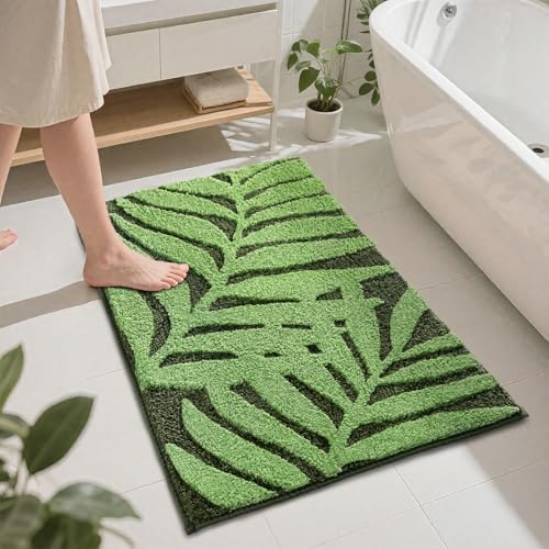 Green Bathroom Rugs 20x32 Leaf Bath Mats, Non-Slip Washable Bathroom Runner | Plush Fluffy Soft Absorbent Microfiber Bath Rug for Sink Basin Bathtub Shower Bedroom Floor - color: Green, size: 1'8" x 2'8" (Rectangular)