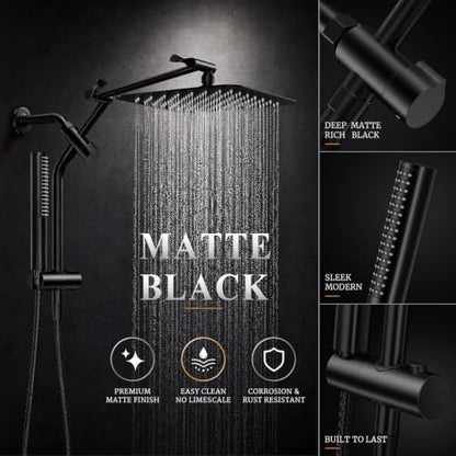 Veken All Metal 10" Luxurious Rain Shower Head with Handheld Spray,Square | Best Dual High Pressure Shower Heads Combo,Double Detachable Showerhead, Adjustable Rainfall,Bathroom Accessories,Matte Black - color: Black Matte, size: 10 Inch