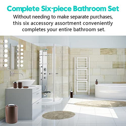 Compact 6-Piece Plastic Bathroom Accessories Set with Small Trash Can, Soap Dispenser, Toothbrush Holder, Cup, Soap Dish, Toilet Brush for Guest Bathroom Dorm Apartment (Coffee) - color: Coffee