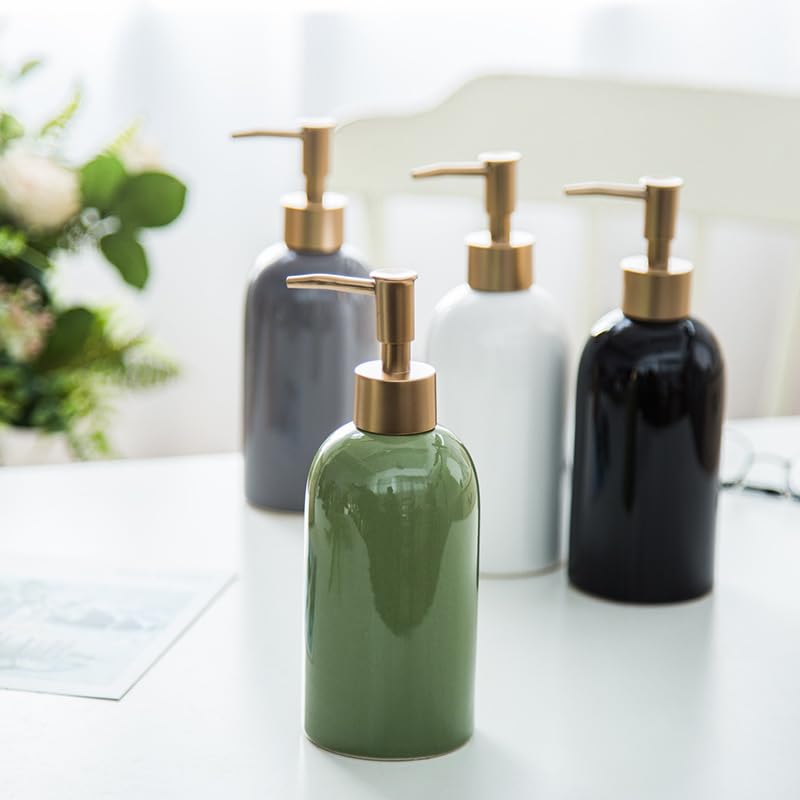Classic Cylindrical Soap Dispenser, Multi-Color Ceramic Bottle(Green) | Soap Dispenser with Gold Rust-Proof Pump - color: Green