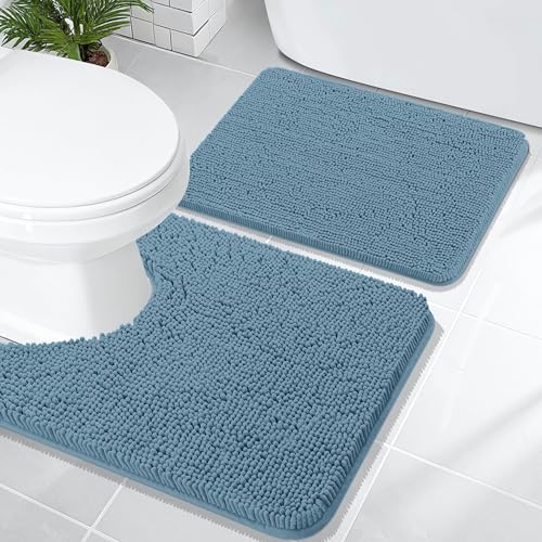 OLANLY Bathroom Rugs Sets 2 Piece, Soft Absorbent Chenille Bath Mats and U-Shaped Contour Toilet Mat Area Rug Set, Machine Washable Bath Carpet, Home Decor Accessories(24"x16"+24"x20", Airy Blue) - color: Airy Blue, size: 24" X 16" + U24" X 20"