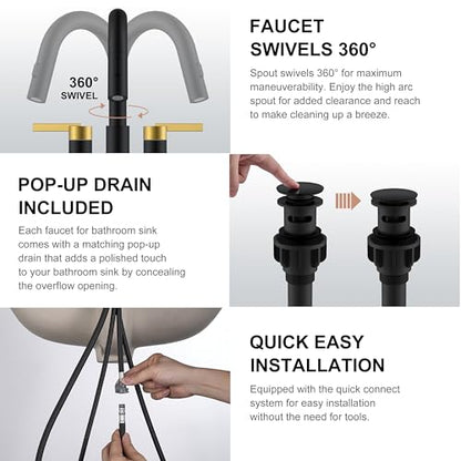 Black and Gold Centerset Pull Down Bathroom Faucet 4 Inch 2 Handle | Pull Out Bathroom Faucet with Pop Up Drain & Supply Lines, Lead-Free cUPC & NSF Certified, 3 Hole Faucet for Vanity RV Bar - color: Black & Gold