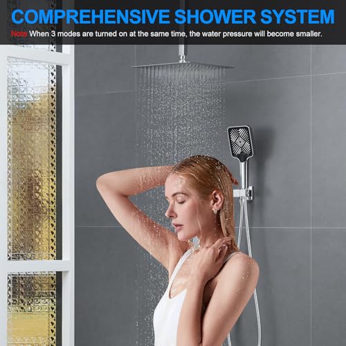 Bathtub Shower Faucet Set with Pressure Balance Valve, 12" Ceiling Mount Shower System with Tub Spout Multi-function Handheld Head Pressure Balancing Push Button Diverter Shower Trim Kit,Chrome - color: Chrome Polished, style: 12"-Square-Tub-01