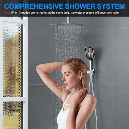 Bathtub Shower Faucet Set with Pressure Balance Valve, 12" Ceiling Mount Shower System with Tub Spout Multi-function Handheld Head Pressure Balancing Push Button Diverter Shower Trim Kit,Chrome - color: Chrome Polished, style: 12"-Square-Tub-01