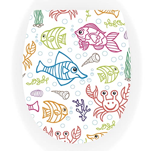 White Plastic Quick Release Toilet Seat - Oval Shape, Top Fixing with Adjustable Hinges, Easy Clean, Seagull and Starfish Design - One Size - color: Underwater World