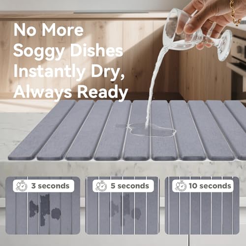 Stone Drying Mat for Kitchen Counter, 24"(L)×16"(W), Drying Matt Kitchen Counter, Quick Dry Stone Dishes Mats, Foldable Diatomaceous Earth Mat (Pure Gray) - color: Pure Gray
