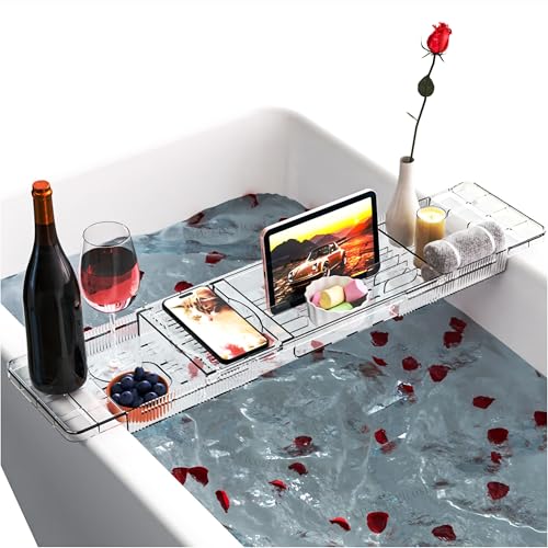 Luxury Tub Tray for Bathtub Expandable,Clear Bath Shelf Over Tub and Acrylic Bathtub Tray,Plastic Bath Board & Table,Bath Caddy Tray & Accessories for Mothers,Mom and Women Relaxing Spa Gifts - size: M - (22.3 to 31.8 in）