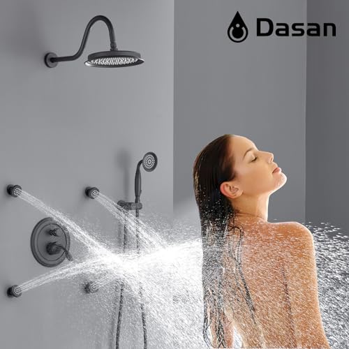 DASAN Antique Shower Faucet Sets Complete Rain Shower System in Wall with Body Shower Spray Jets, Matte Black Shower Fixtures with 9’’ Rainfall Overhead Shower, Handheld, Valve & Trim Kit, AT249W-MB - color: Matte Black