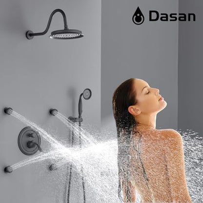 DASAN Antique Shower Faucet Sets Complete Rain Shower System in Wall with Body Shower Spray Jets, Matte Black Shower Fixtures with 9’’ Rainfall Overhead Shower, Handheld, Valve & Trim Kit, AT249W-MB - color: Matte Black