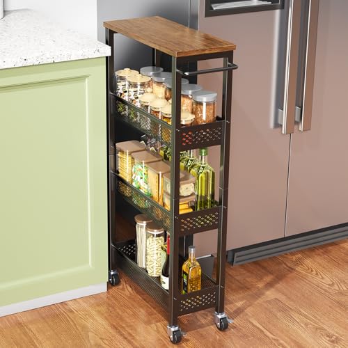XYZLVSI Utility Slim Storage Cart, 4 Tier Kitchen Narrow Shelf on Wheels | 7.1" W skinny rolling cart with wooden top and metal handle, ideal for bathroom/dorm/office, between washer and dryer storage - size: 16.7"Dx7.1"Wx34"H