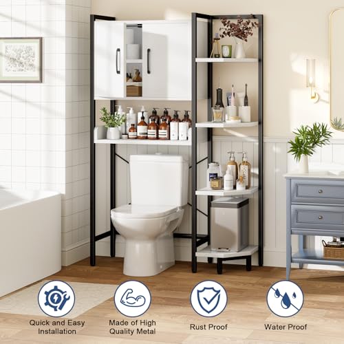 K2 Heavy Duty 7-Tier Over The Toilet Storage Cabinet（With Magnetic Doors & Adjustable Feet）Freestanding Above Toilet Shelf，Space Saver Bathroom Organizer 9.3"D x 31.5"W x 67.2"H，Beige White - color: White