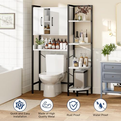 K2 Heavy Duty 7-Tier Over The Toilet Storage Cabinet（With Magnetic Doors & Adjustable Feet）Freestanding Above Toilet Shelf，Space Saver Bathroom Organizer 9.3"D x 31.5"W x 67.2"H，Beige White - color: White