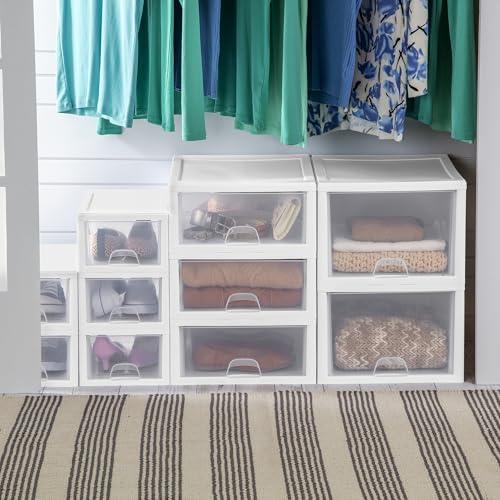 Sterilite Stacking Drawer Storage Organizer for Clothes, 16 Quart, 24-Pack | White Frame, Stackable Modular Clear Plastic Drawers & Containers for Clothing, Accessories, Craft Supplies, Shoes or Linens - size: 16 Quart, style: 24 Pack