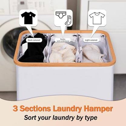 efluky Laundry Hamper with Lid, Trio Laundry Basket with 2 Removable Bags, 3 Section Laundry Bin with Bamboo Handles for Bathroom, Bedroom & Laundry Room, 160L (42.3 Gallon) White - color: White, size: 160L Trio