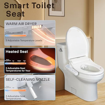 KERDE P30B Bidet Toilet Seat - Dual Control (Side Panel & Remote), Warm Water Wash, Heated Seat, Warm Air Dryer, LED Night Light,Existing Toilets Electric Bidet Elongated Electronic Heated Smart - style: Minimalist