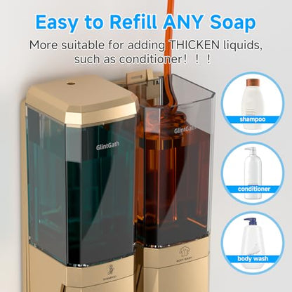 Shampoo and Conditioner Dispenser,Shower Dispenser 2 Chamber No Drill Shampoo Dispenser for Shower Wall Mounted Shower Soap Dispenser for Bathroom Hotel,Large Capacity 2 * 500ML,Gold - color: Gold 2 Chamber