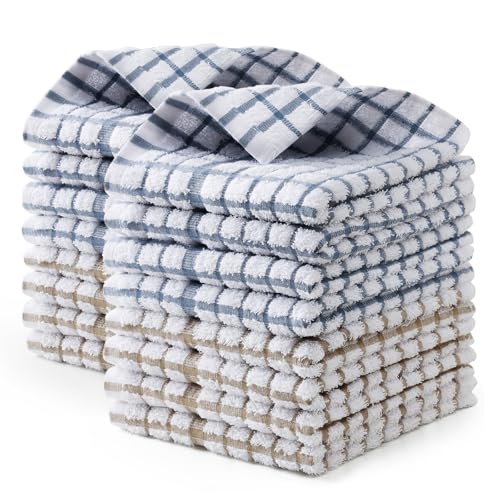 Egles 16 Pack Kitchen Dishcloths, 100% Cotton Dish Cloths, 12 x 12 Inch | Terry Dish Towel Set with Hanging Loop; Soft, Absorbent, Quick Drying and Reusable Grid Dishrag - color: Grey & Khaki, size: 12"x12" - 16 pcs