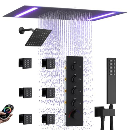 Black Thermostatic Shower System with 14x20 Inch Ceiling Mount LED Head & 6 Inch Wall Head and Handheld Shower 4 Function Vale with body jets, Matte Black - color: Matte Black, style: 14x20 led+6 jets