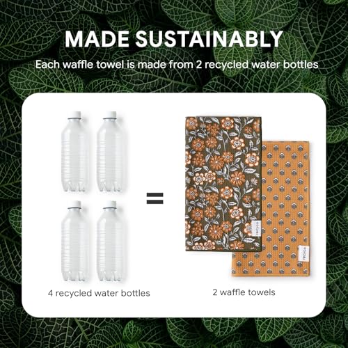 RECYCO Waffle Kitchen Towel Set of 2 - Quick Dry Microfiber Sustainable Dish Towels - Ultra Absorbent Reusable Cleaning Tea Towels - Lightweight Hand Towels,16”x 28”, Amber Flora - color: Amber Flora