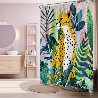 Tropical Leopard Extra Long Shower Curtain, Tall 72x96 in | Tall 96 inch XL, Floor to Ceiling, Pink and Green Natural Leaves Pattern, Waterproof Polyester Fabric, with Metal Hooks - color: Cheetah, size: 70"W x 96"L (Pack of 1)
