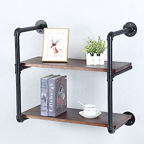 Industrial Pipe Shelves With Wood Planks,Rustic Pipe Shelving Wall Shelf | Metal Pipe Solid Pine Wood,Easy to Assemble,Wooden Board Thickness 0.78 In,For Bar Farmhouse Kitchen Office Bathroom,Bedroom - color: 2-layer, size: 24in
