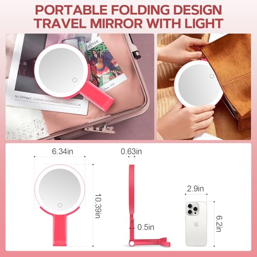 MIYADIVA Lighted Makeup Mirror, 30X Magnifying Mirror with Light, Hanging and Handheld Mirror with Handle, Red - color: Red