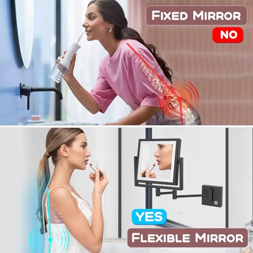 Direct Wire Makeup Magnifying Mirror Wall Mounted, 8 Inch Double Sided 1X/3X Magnification, Touch Dimmable, Brass 360 Swing Extension Arm, Square Frame, Brighter 7W LED Light, Matte Black - color: Matt Black