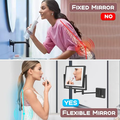 Direct Wire Makeup Magnifying Mirror Wall Mounted, 8 Inch Double Sided 1X/3X Magnification, Touch Dimmable, Brass 360 Swing Extension Arm, Square Frame, Brighter 7W LED Light, Matte Black - color: Matt Black