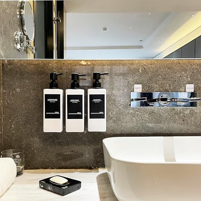 Shampoo and Conditioner Dispenser, No Drill, 16 Waterproof Labels | Shampoo Dispenser for Shower Wall, Shower Soap Dispenser Wall Mounted 3 Chamber, Bathroom, 17oz, White - color: White Bottle + Black Pump