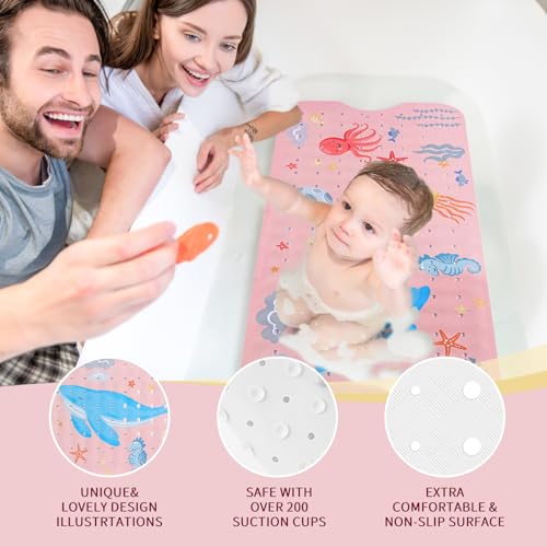 PRATIQUE Kids Bath Mat for Tub Non Slip，40 X 16 Inch Extra Long Kids Bathtub Mat Ocean Bathtub Shower Mat Safety Anti Slip with Suction Cups and Drain Holes, Machine Washable(Pink Whale) - color: Pink