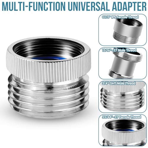 3Pcs Brass Faucet to Hose Adapter with Aerator, Sink Hose Adapter Set with Washers & Tape – Fits G1/2" Female, 55/64" Female, and 15/16" Male, Connects to 3/4" GHT Garden Hose - color: Silver