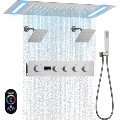 Shower Faucet Set Ceiling 20x14 inch LED Shower Head, Temperature Display Thermostatic Shower Valve, and Two 8-inch Wall Mounted Shower Heads Handheld Combination (Brushed Nickel) - color: Brushed Nickel