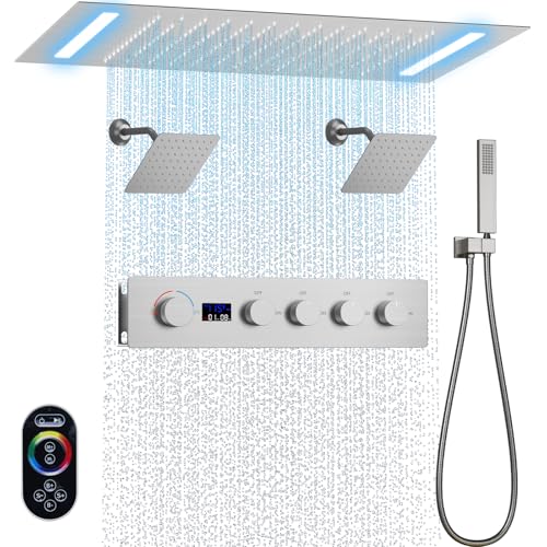 Shower Faucet Set Ceiling 20x14 inch LED Shower Head, Temperature Display Thermostatic Shower Valve, and Two 8-inch Wall Mounted Shower Heads Handheld Combination (Brushed Nickel) - color: Brushed Nickel