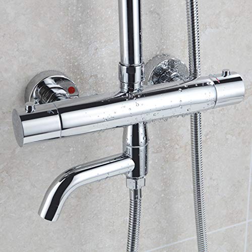 Chrome Thermostatic Rain Shower System with Tub Faucet, Wall Mounted High-Pressure Set with Multifunction Hand-Held Heads