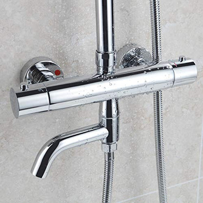 Chrome Thermostatic Rain Shower System with Tub Faucet, Wall Mounted High-Pressure Set with Multifunction Hand-Held Heads