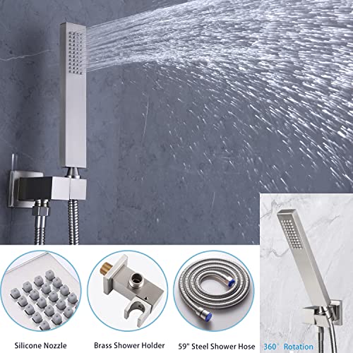 Brushed Nickel Shower Faucet System 16 X 24" 3 Functions Waterfall Mist Rainfall Ceiling Shower Head Thermostatic Full Body Shower Faucet Set Complete With Handheld And Shower Body Jet Spray - color: Brushed Nickel