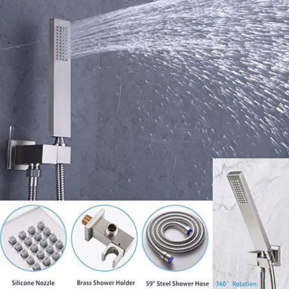 Brushed Nickel Shower Faucet System 16 X 24" 3 Functions Waterfall Mist Rainfall Ceiling Shower Head Thermostatic Full Body Shower Faucet Set Complete With Handheld And Shower Body Jet Spray - color: Brushed Nickel