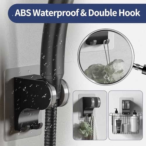 HANLIAN Strong Adhesive Handheld Shower Head Holder Without Drilling | 50° Adjustable Shower Wand Holder Wall Mount with Hooks, Waterproof Hand Held Showerhead Bracket with Hanger(Black, 1 piece) - color: Black