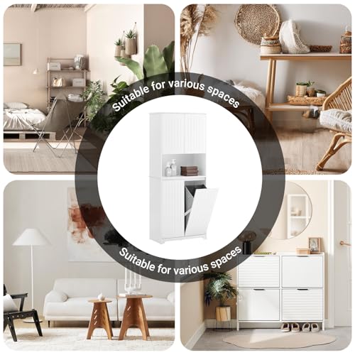SoBuy Double Tilt Out Laundry Hamper Cabinet, 27.6 x 14.6 x 36.9 in, White | Double Tilt Out Laundry Storage Cabinet With Adjustable Shelves, Tall Cabinet With Hidden Pull Out Baskets, SO2-BZR150-W - color: White, size: Tall