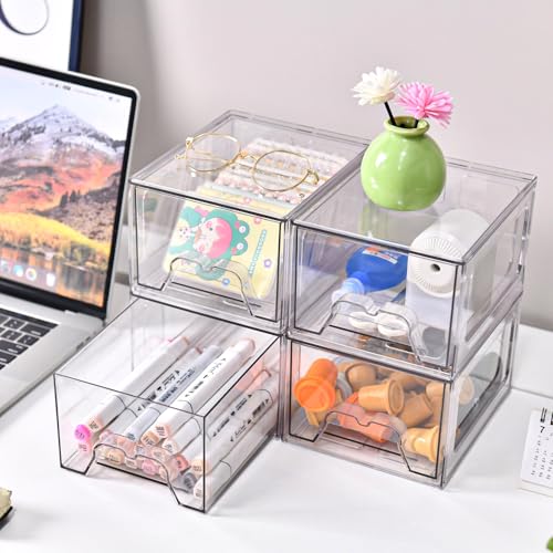 Stebopum 8 Pack Stackable Makeup Organizer, 4.4'' Tall Acrylic Bathroom Makeup Organizer and Storage Drawer with Pull-out Handle, Clear Plastic Storage Bins for Vanity,Pantry,Desk,Undersink,Kitchen - style: 8pack Small