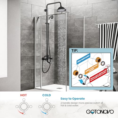 gotonovo Exposed Shower System with Spout,Oil Rubbed Bronze,No Shower Shelf | Brass Shower Faucet Set,8’’ Rain Head with Handheld Spray,Swivel Tub Spout,2 Cross Handle,6’’ Hole Distance,Adjustable Height - color: Bronze