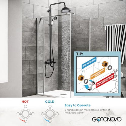 gotonovo Exposed Shower System with Spout,Oil Rubbed Bronze,No Shower Shelf | Brass Shower Faucet Set,8’’ Rain Head with Handheld Spray,Swivel Tub Spout,2 Cross Handle,6’’ Hole Distance,Adjustable Height - color: Bronze
