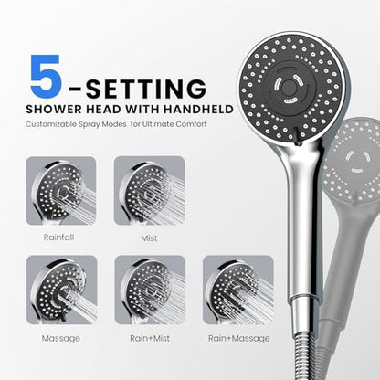 Chrome Rain Shower Head with Handheld Shower Head, 5 Spray Modes | High-Pressure Dual Shower Combo, Multi-Spray Handheld, 15-Inch Metal Extension Arm, Detachable Design for Easy, Flexible Use - color: Chrome